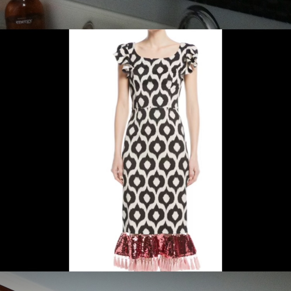 Sachin + Babi Black and Beige Midi Dress with Pink Sequin and Fringe Hem.